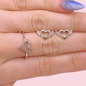 Conjunto Anillo corazon calado San Valentin y Aros Corazon volador de Plata y Oro